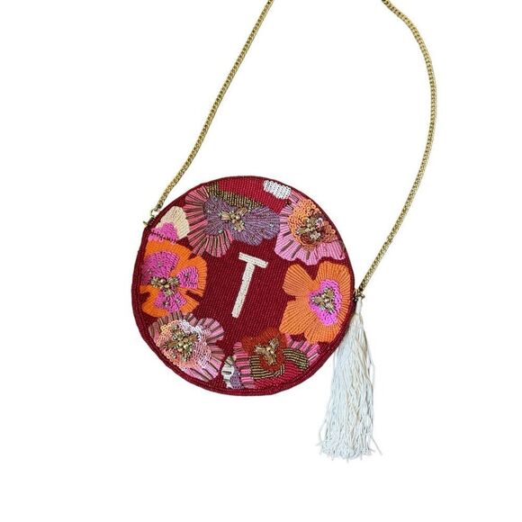 Anthropologie Womens Red Pink Monogram T Embellished Chain Strap Round Pouch - Picture 6 of 9